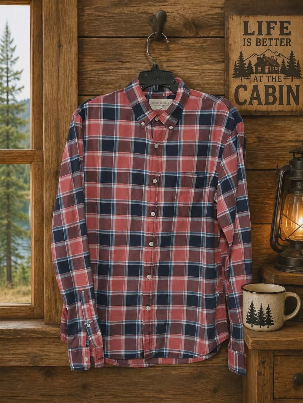 Denim & Supply Ralph Lauren Red and Navy Plaid Button-Down Shirt Size Medium